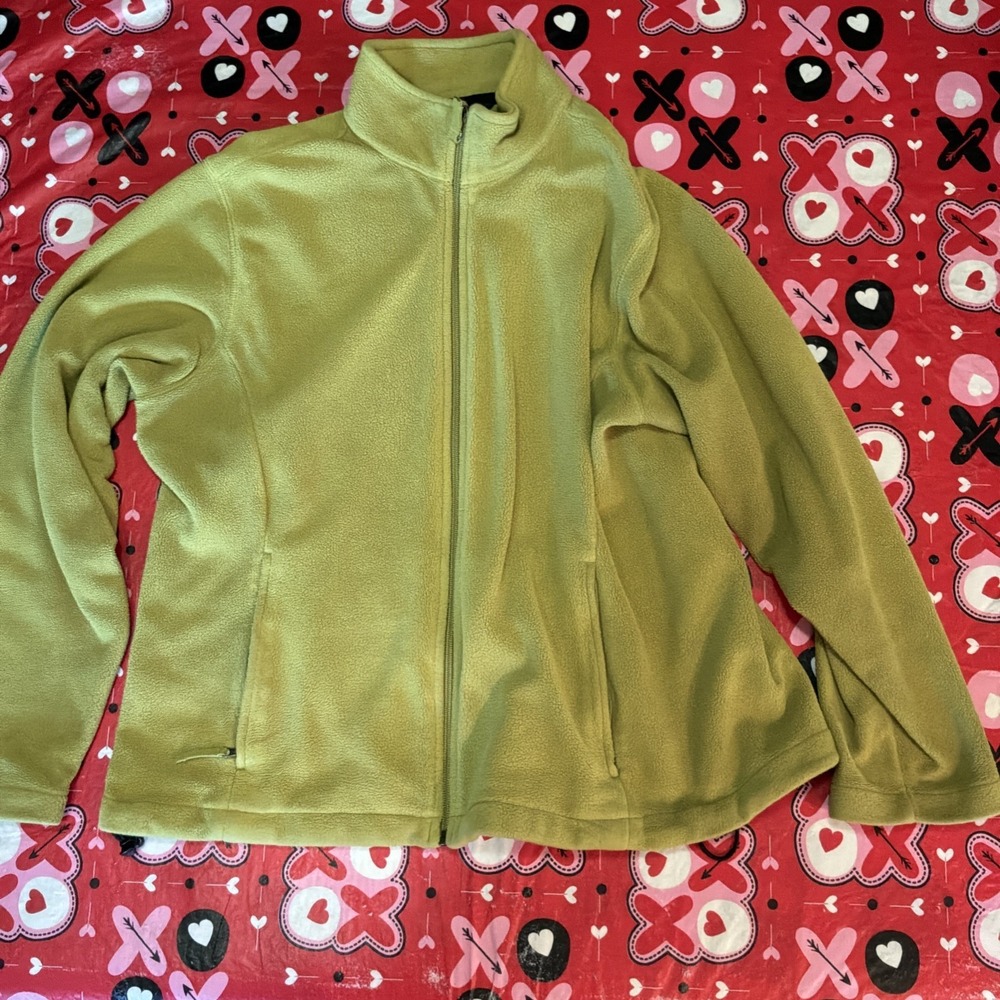 Vtg Lands' End Jacket Womens L Yellow Green Fleece Full Zip Travel Soft Gorpcore
